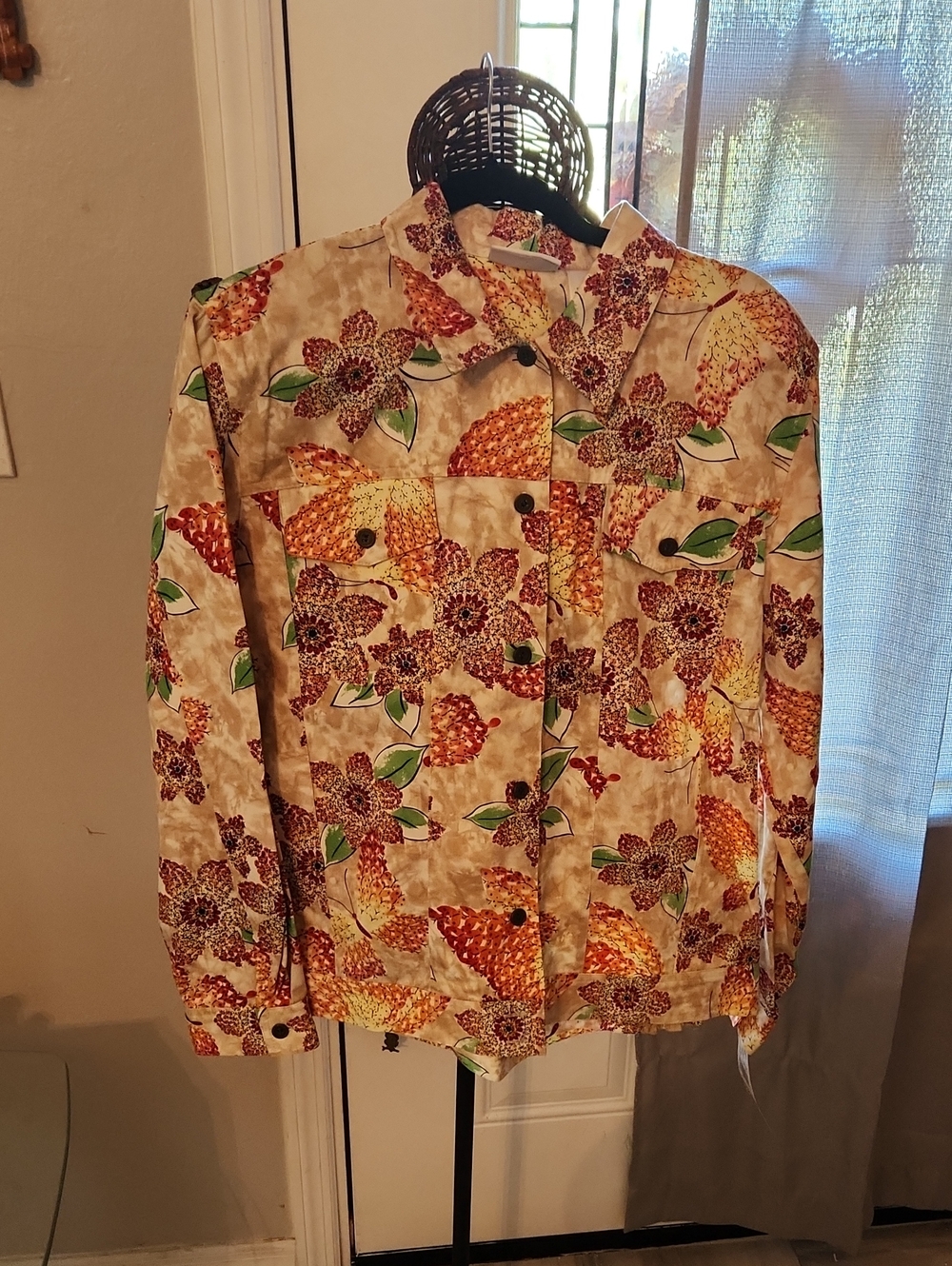Alfred Dunner Beige Floral Button-Front Jacket with Orange Accents